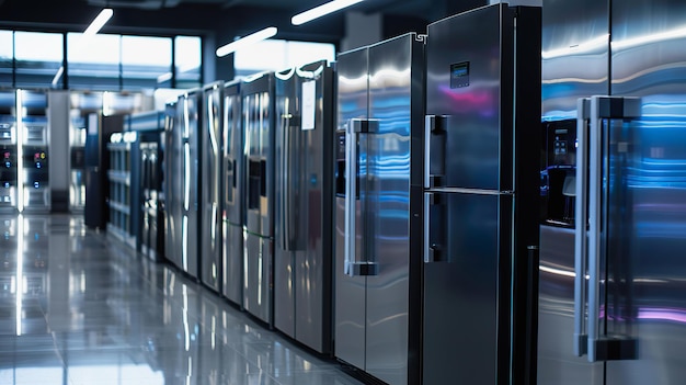 Modern refrigerators displayed in an appliance store