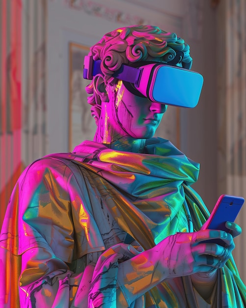 Photo modern renaissance sculpture wearing vr headset in vibrant colors