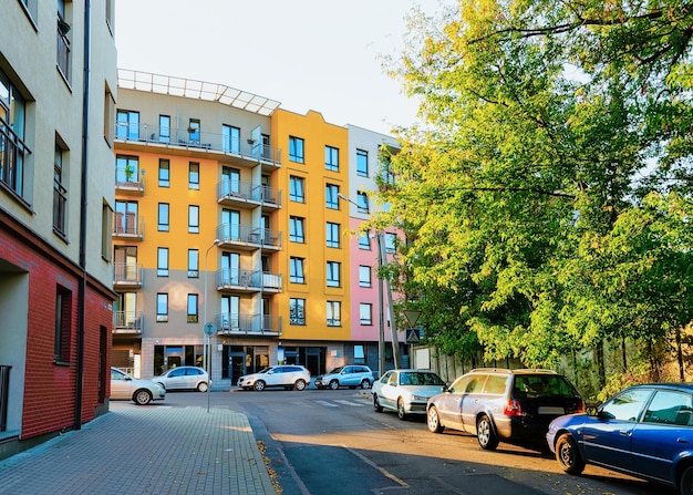 Modern residential apartment house complex block with outdoor facility concept.