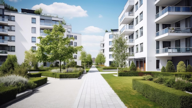 Modern Residential Complex with Green Courtyard View