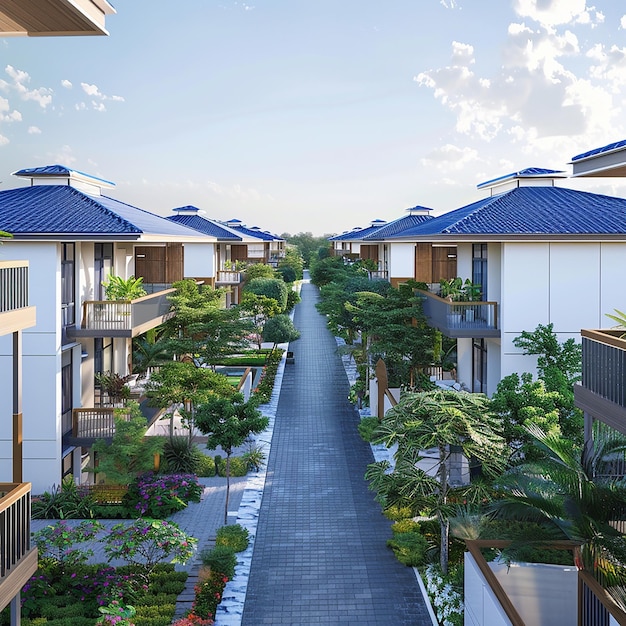 modern residential district with blue roof and balcony