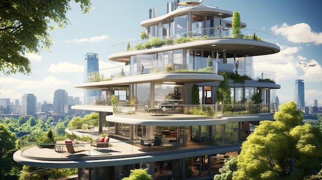 Modern residential district with green roof and balcony