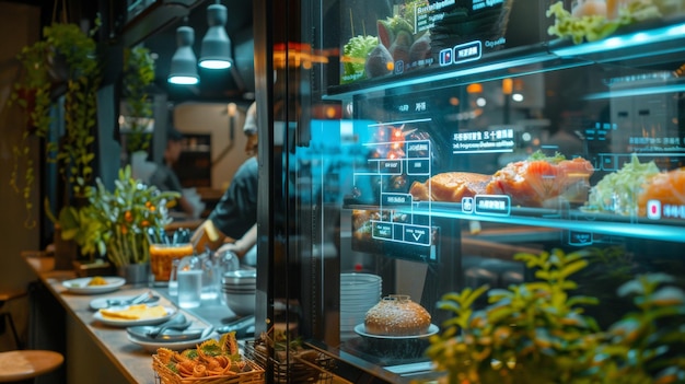 Photo a modern restaurant featuring a digital menu display showcasing various food items blending advanced