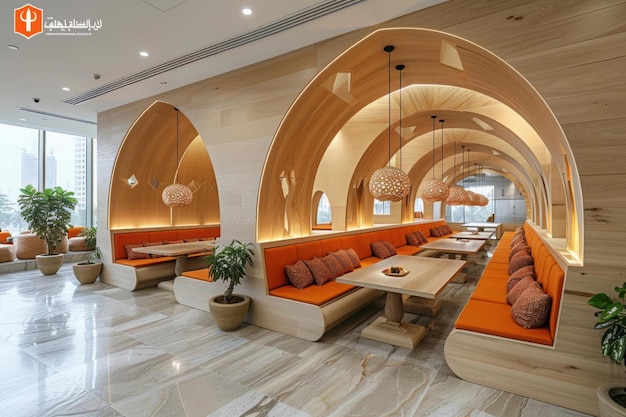 Modern Restaurant Interior with Arched Ceilings and Wooden Details