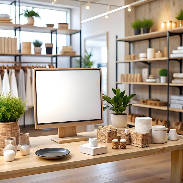 Photo modern retail counter with a blank computer screen perfect for showcasing products or branding