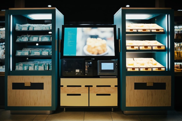 a modern retail store with digital displays and self checkout machines