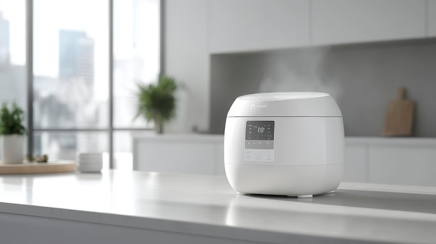 A modern rice cooker on a kitchen counter emitting steam while cooking