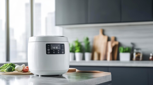 A modern rice cooker on a kitchen counter with plants and a city view in the background