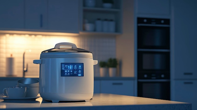 A modern rice cooker on a kitchen countertop illuminated in a dimly lit room