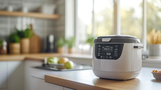 A modern rice cooker on a kitchen countertop surrounded by fresh fruits and plants