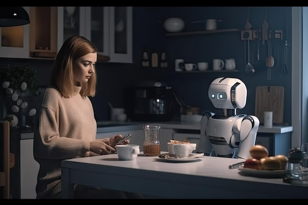 Modern robot equipped with Generative AI assists a solitary woman in the kitchen