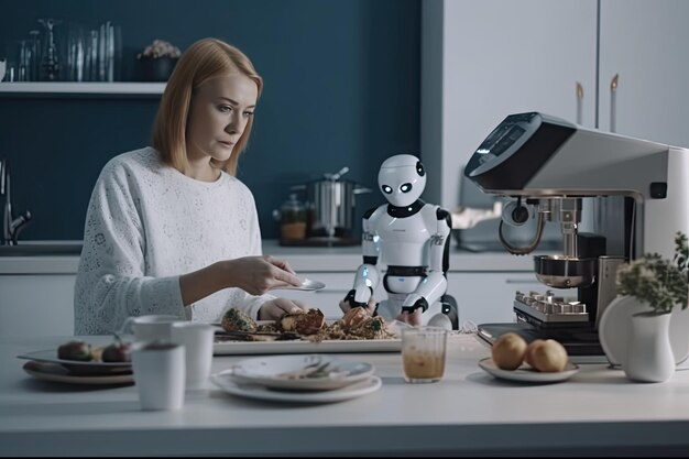 Modern robot equipped with Generative AI assists a solitary woman in the kitchen