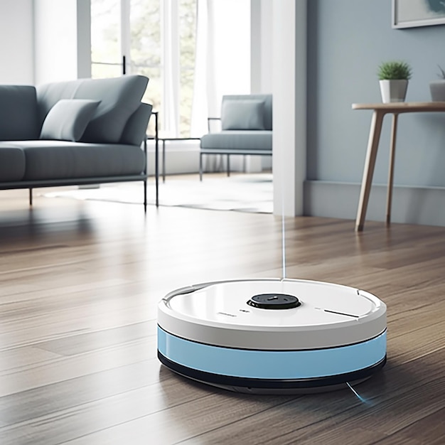 Modern robot vacuum cleaner on soft carpet in room