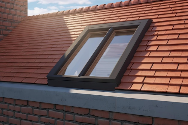 Modern Roof Skylight Window on Red House Clay Ceramic Tiles Roof Roofing Construction