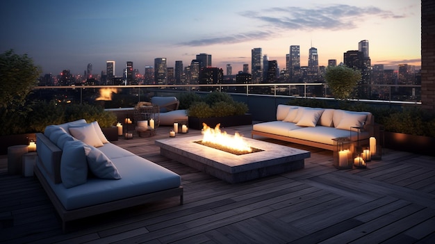 Photo modern rooftop deck fire pit outdoor seats city views