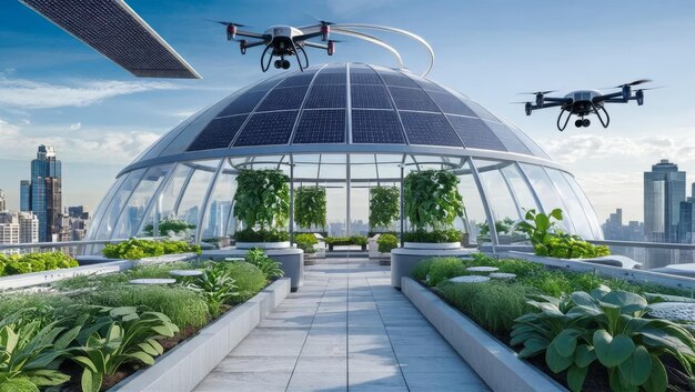 Modern Rooftop Garden with Drones and Solar Panels