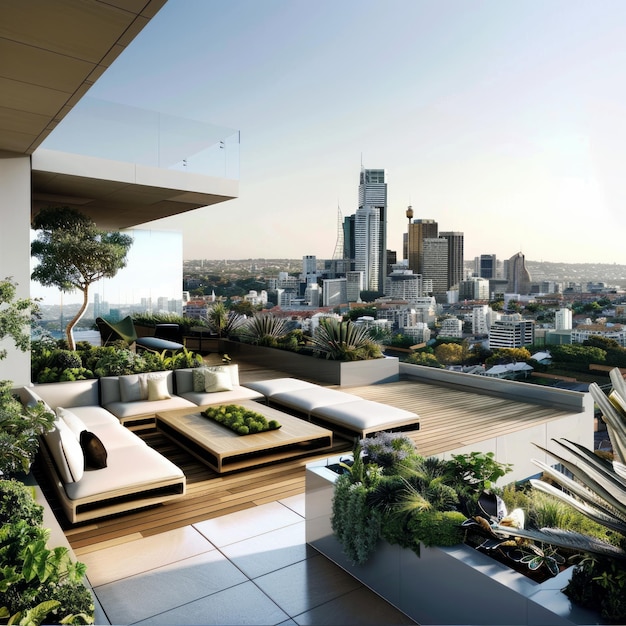 Photo modern rooftop terrace with city skyline view perfect for relaxing and entertaining