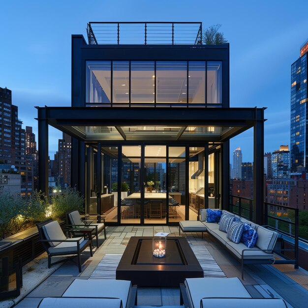 Photo modern rooftop terrace with city views and a fire pit