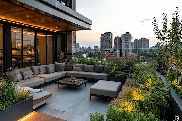 Photo modern rooftop terrace with sectional sofa fire pit and city views