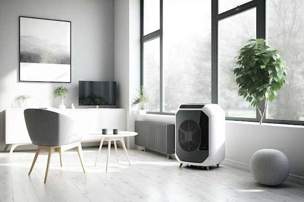 Modern room with sleek furniture and lightweight air purifiers in black or white