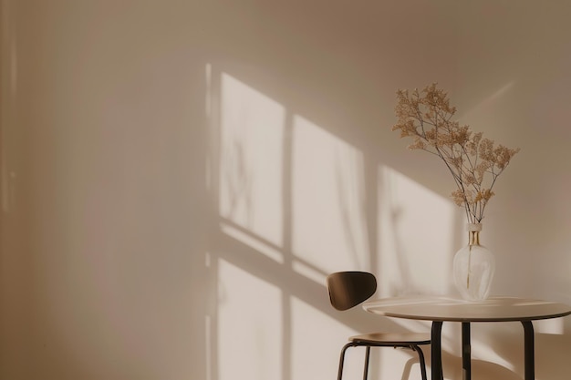 A modern room with a table and chair illuminated by bright sunlight streaming through a window Generative AI