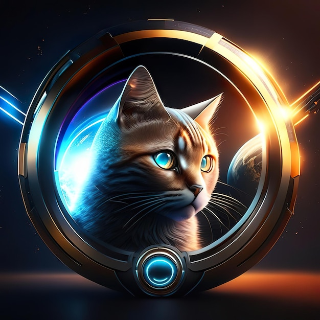 Modern round logo with cat and details in gold and light in the background Generative AI