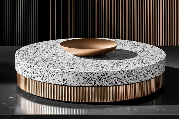 Photo modern round terrazzo and wood coffee table or side table with sunken center