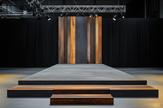 Photo a modern runway setup featuring sleek wood accents and dramatic lighting perfect for showcasing fashion designs and events