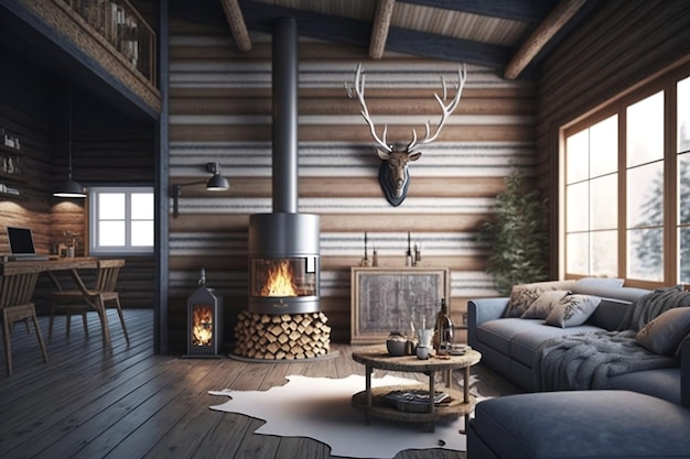 Modern Rustic Cottage Living Room Decor with Chalet Cozy Interior Fireplace Wood Wall and Furniture Generative AI