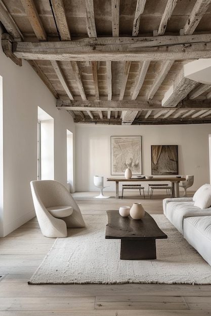 Modern rustic living room with wood beams and white walls