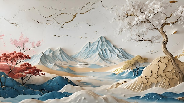 Modern sakura tree and mountain 3d relief mural wallpaper