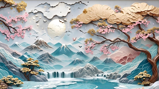 Modern sakura tree and mountain 3d relief mural wallpaper