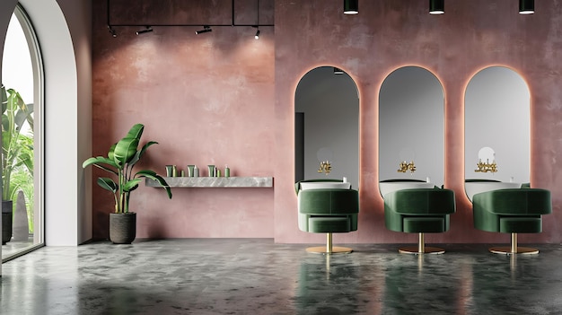 Photo modern salon interior design with green chairs and oval mirrors