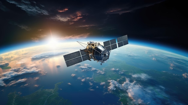 Modern satellite spacecraft orbiting the Earth The satellite tracks the Earth Space technology