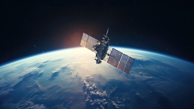 Modern satellite spacecraft orbiting the Earth The satellite tracks the Earth Space technology