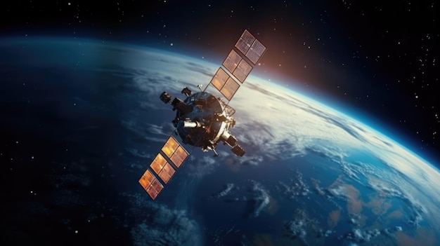 Modern satellite spacecraft orbiting the Earth The satellite tracks the Earth Space technology