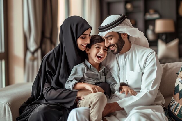 Photo a modern saudi family at home sitting on the sofa laughing