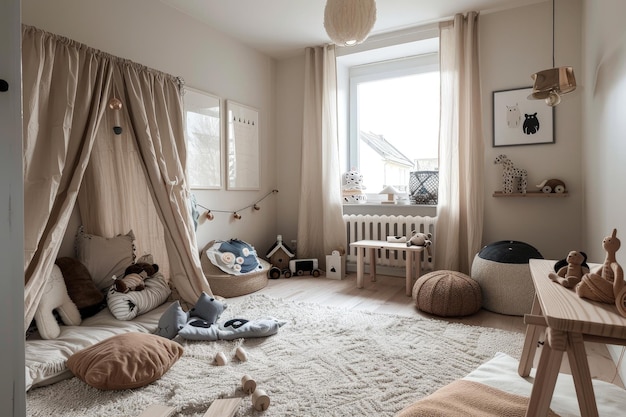 Modern Scandinavian childrens room with stylish design and accessories