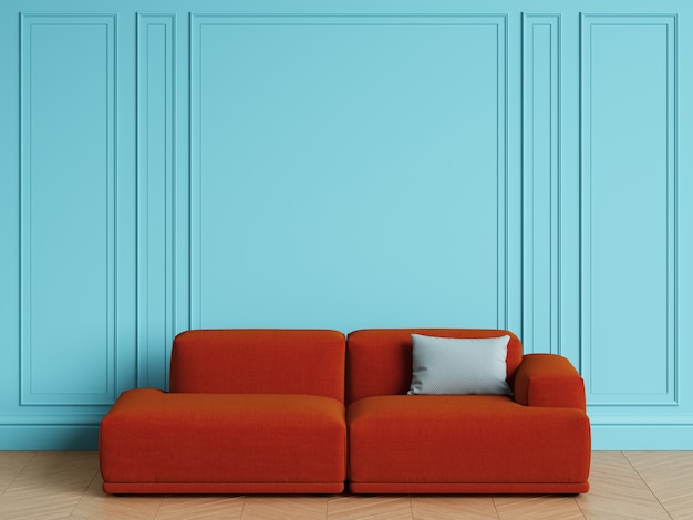 Modern Scandinavian Design red sofa in interior. Blu walls with moldings, floor parquet herringbone. Copy space, 3d rendering