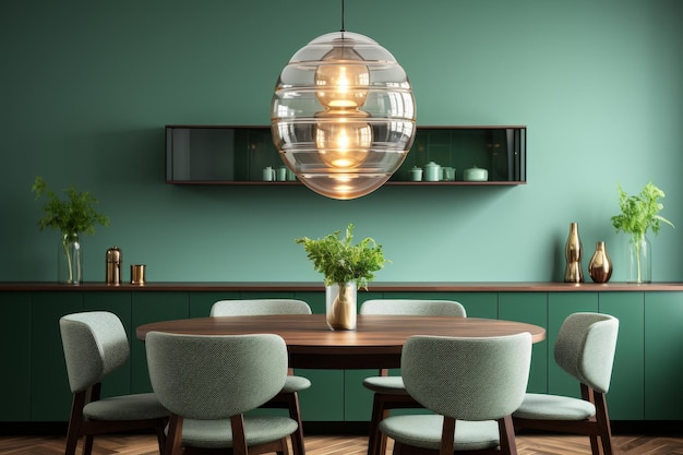 Modern scandinavian dining table and chairs against green wall in midcentury home interior