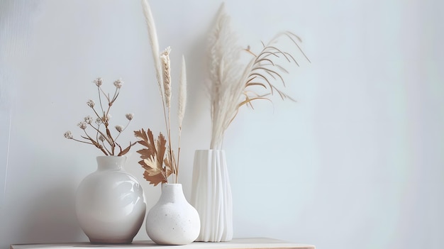 Modern scandinavian home interior with design wooden commode dried leafs in ceramic Generative AI