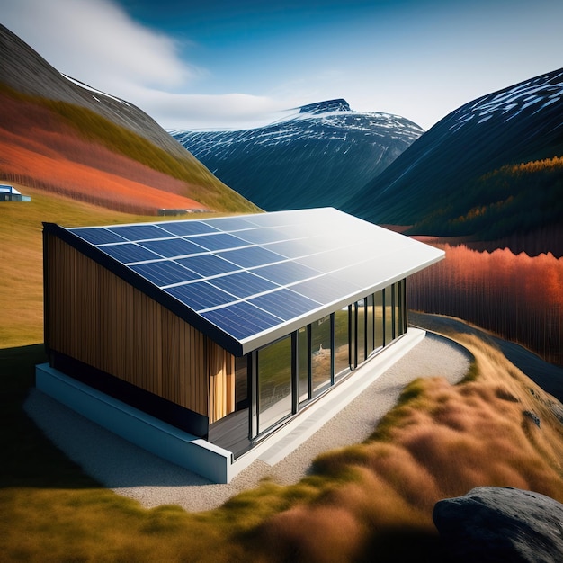 A modern Scandinavian house with a solar panel on the roof and mountains in the background