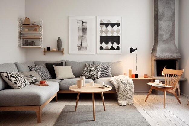 Photo modern scandinavian interior of living room with design grey sofa