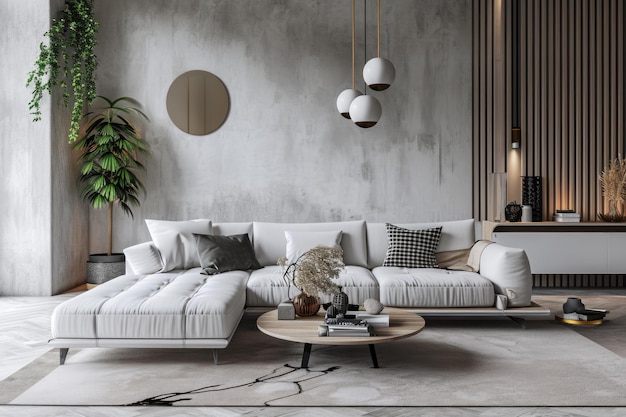 Modern Scandinavian Living Room Interior with Stylish Sofa and Coffee Table