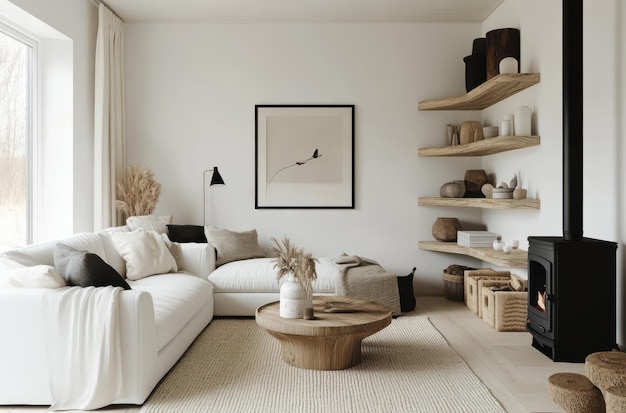 Photo modern scandinavian living room with a white sofa a woodburning stove and a coffee table