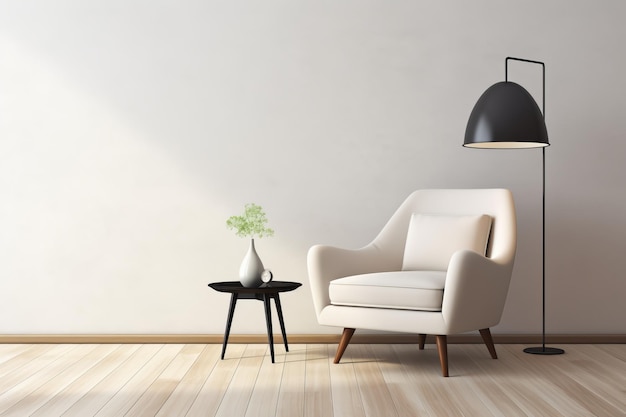 Modern scandinavian white living room with chair and black poster frame on minimalistic white wall