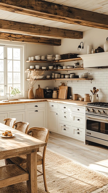 Photo modern scandinavianinspired kitchen with light wood accents and open shelving in neutral tones