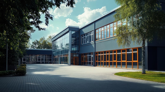 Modern School Building Exterior with Large Windows