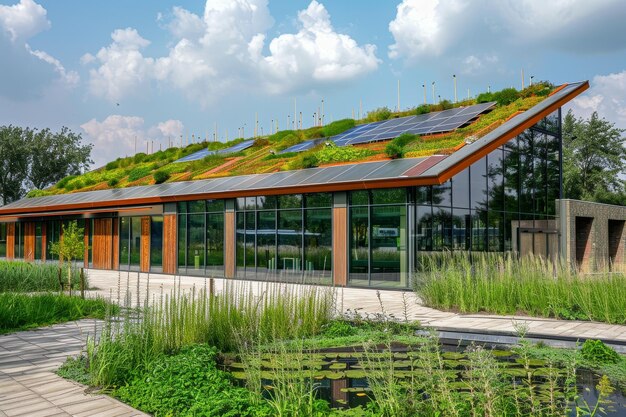 Photo a modern school building with a green roof solar panels and a pond in front an ecofriendly school building with a green roof and solar panels