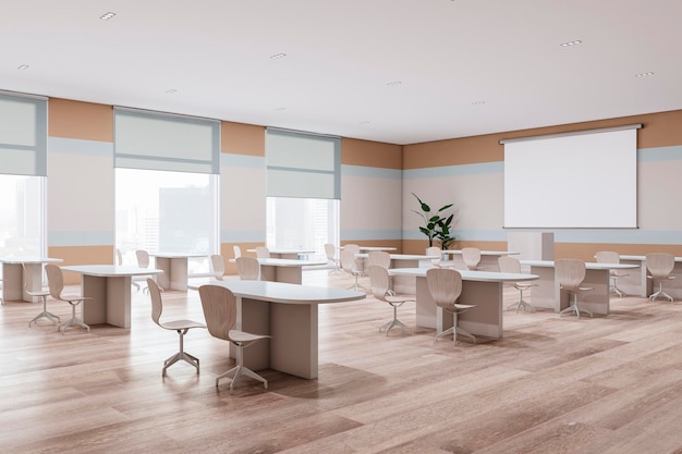 Modern school classroom interior with blank white mock up banner on wall desks wooden flooring and window with city view Education and auditorium concept 3D Rendering